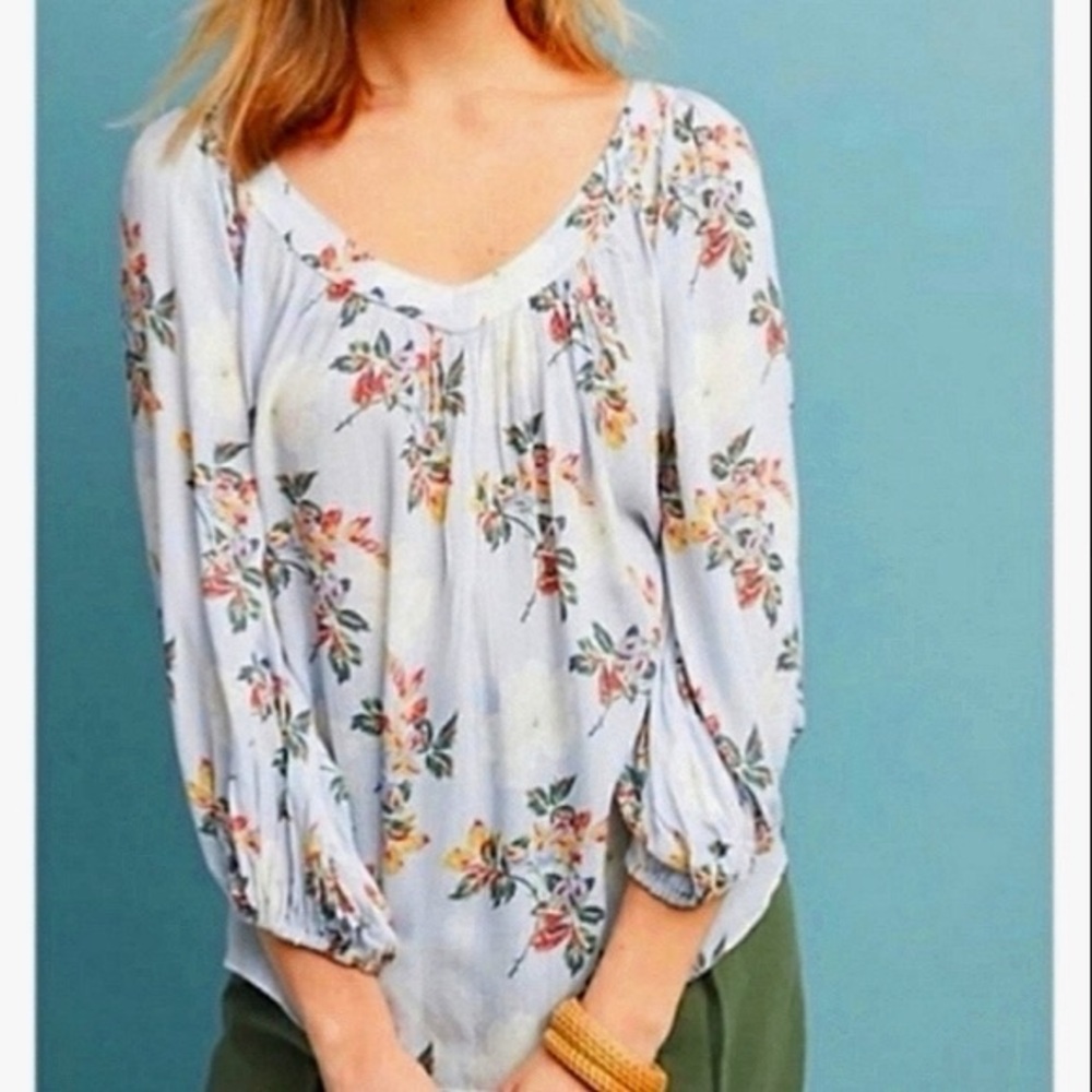 Maeve Anthropologie Blue Floral Peasant Blouse Size 2 Boho Cottagecore Top